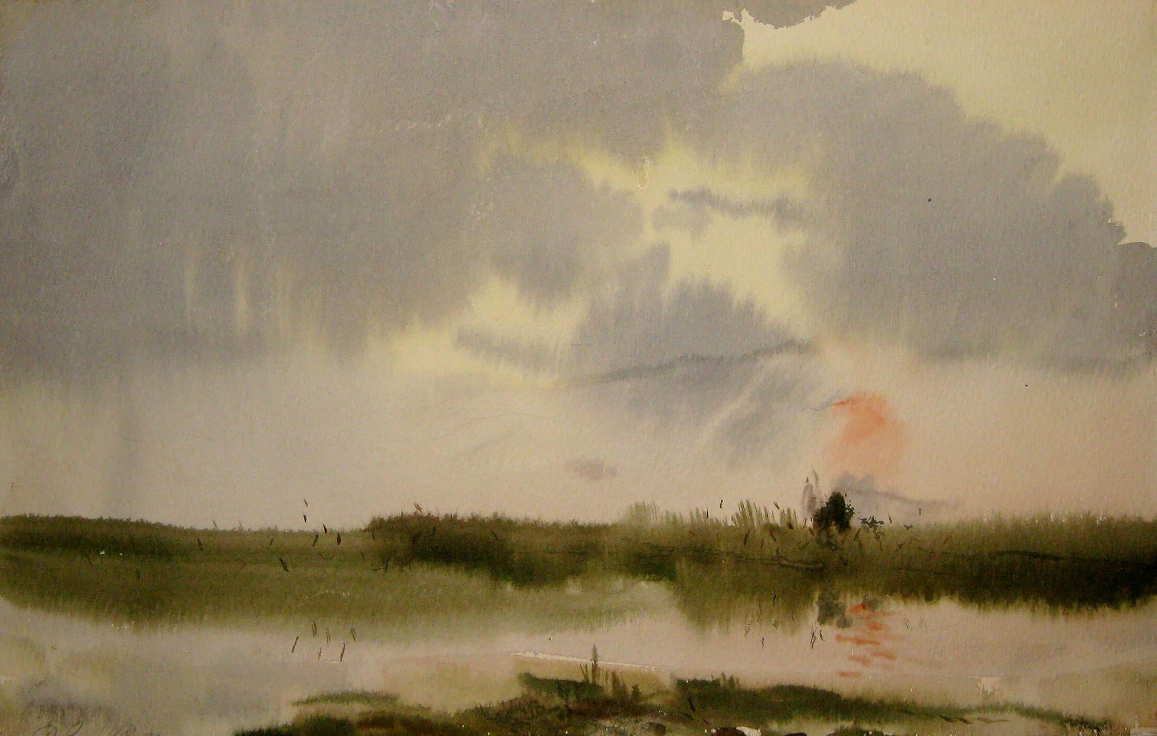 Watercolor painting Evening lake Savenets Valery