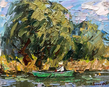 Oil painting The boatman floats on the river Ivanyuk Alex