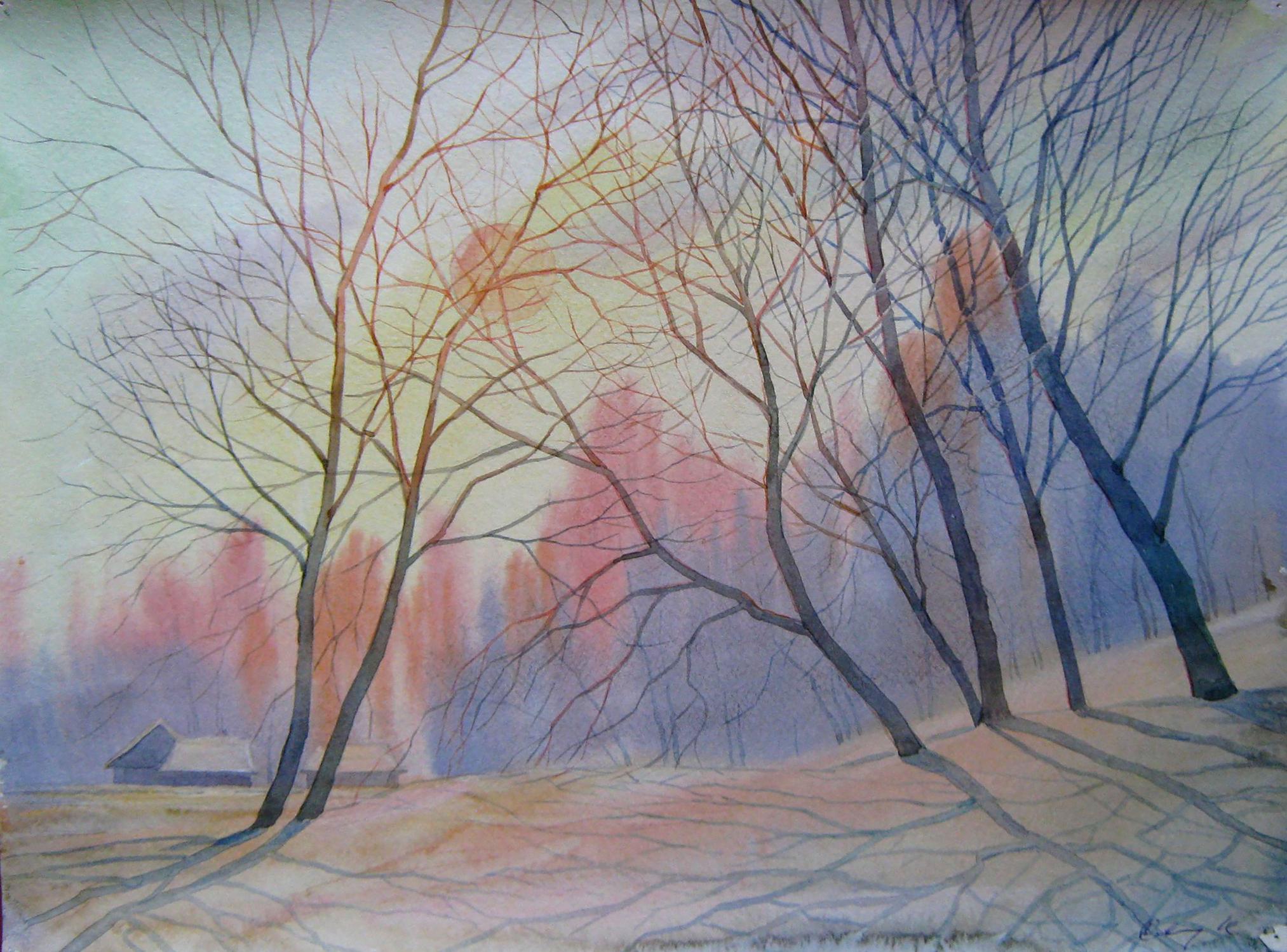 Watercolor painting Sunny winter morning Savenets Valery