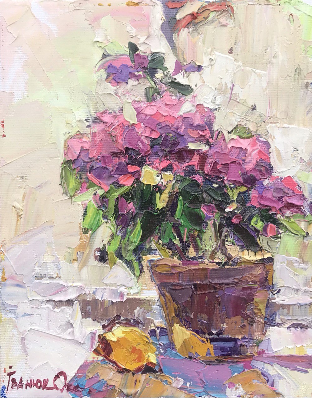 Oil painting Geranium on the window Ivanyuk Оksаnа