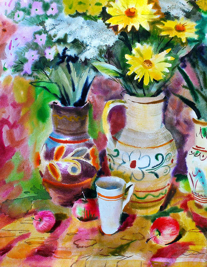 Watercolor painting Flowers on the table Egor Shvachunov