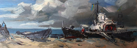 Oil painting Ship on the coast Alexander Nikolaevich Cherednichenko
