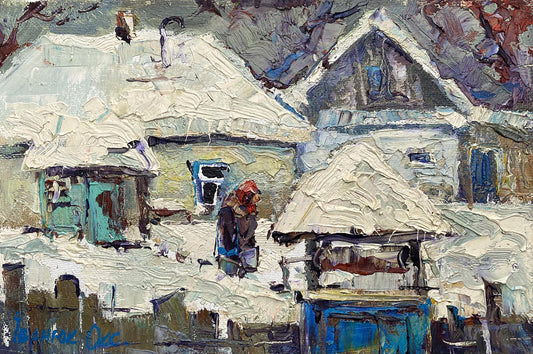 Oil painting Snow covered yard Ivanyuk Oksana