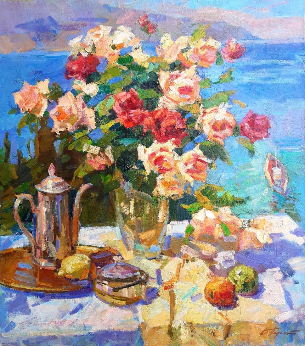 Oli painting Roses and a yacht at sea Vyacheslav Pereta