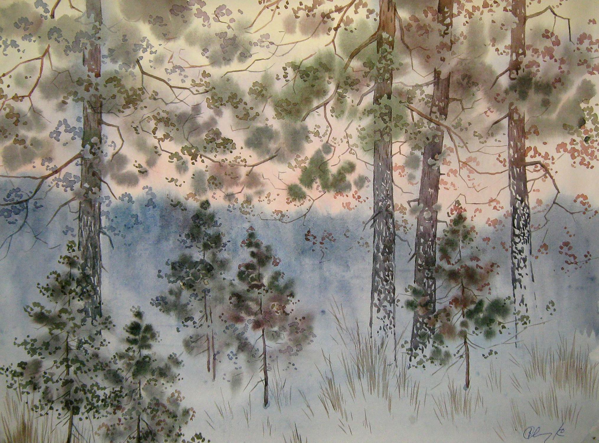 Watercolor painting Misty winter forest Valery Savenets