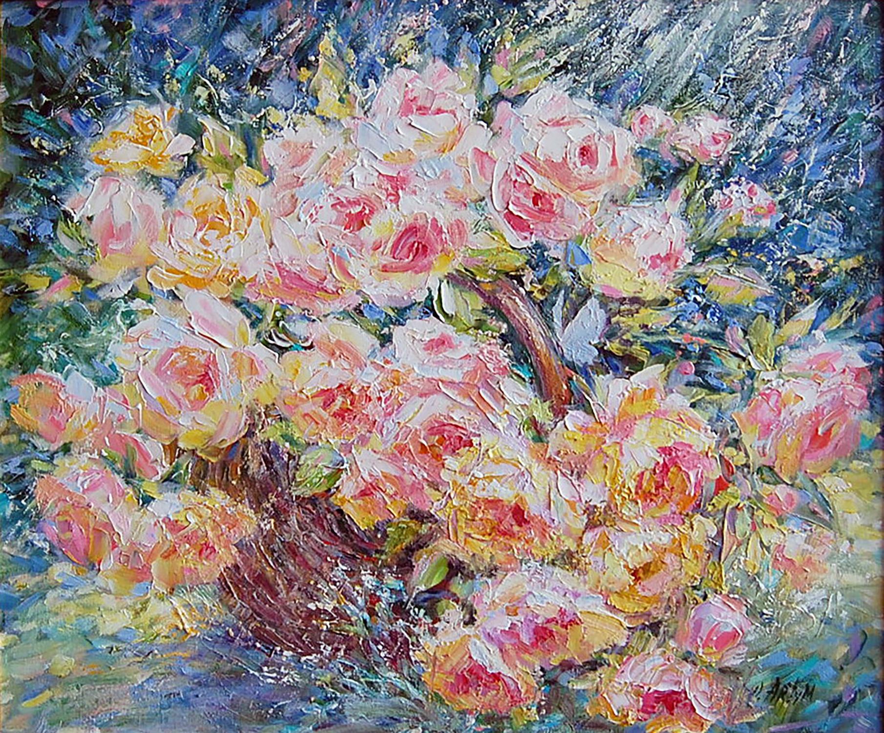 Basket of Pink Roses by Olga Artim, a stunning oil painting.