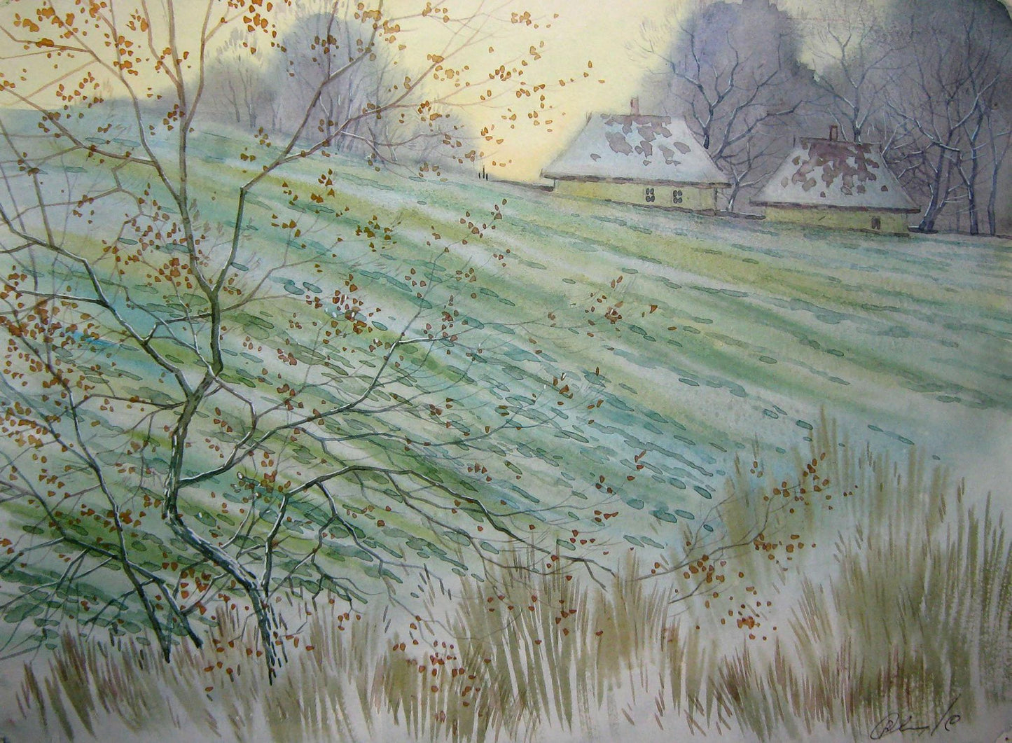 Watercolor painting The first snow Savenets Valery