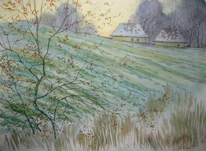 Watercolor painting The first snow Savenets Valery