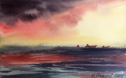 Watercolor painting Sunset in the Black Sea Svetlana Gramm