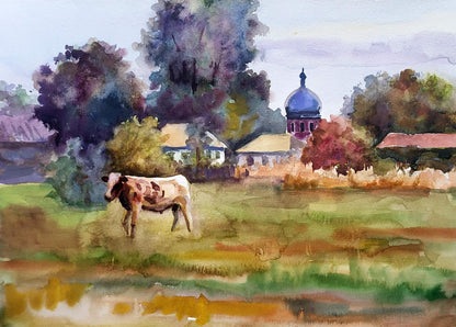 Watercolor painting The bull grazes Serdyuk Boris Petrovich