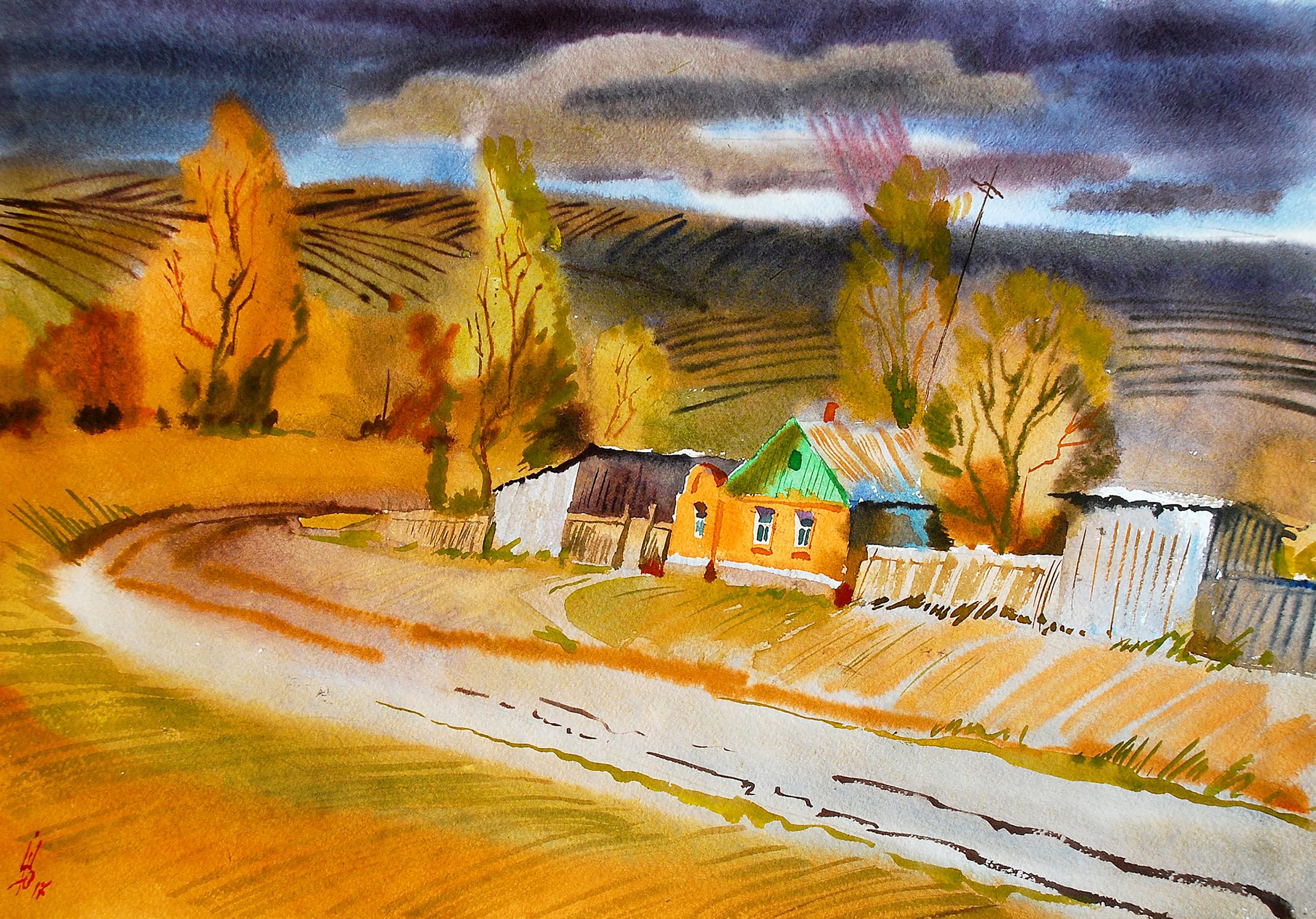 Watercolor painting On the outskirts Egor Shvachunov