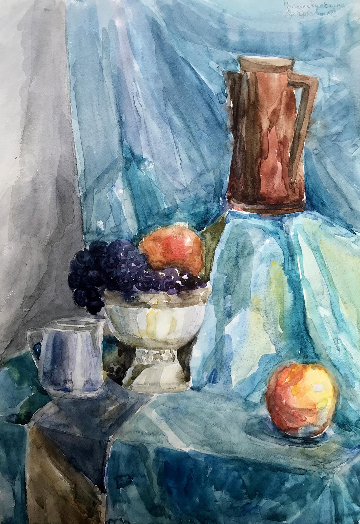 Watercolor painting Grapes in a vase Unknown artist