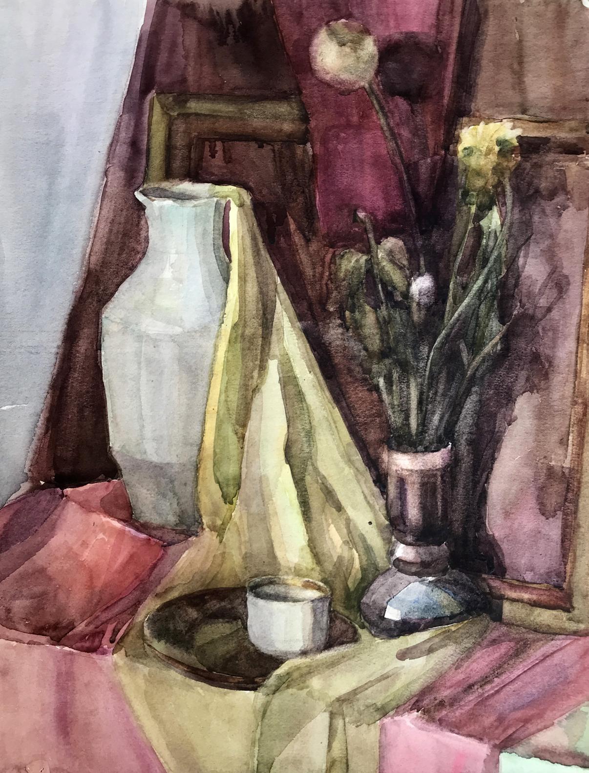 Watercolor painting Flowers and a teapot Unknown artist