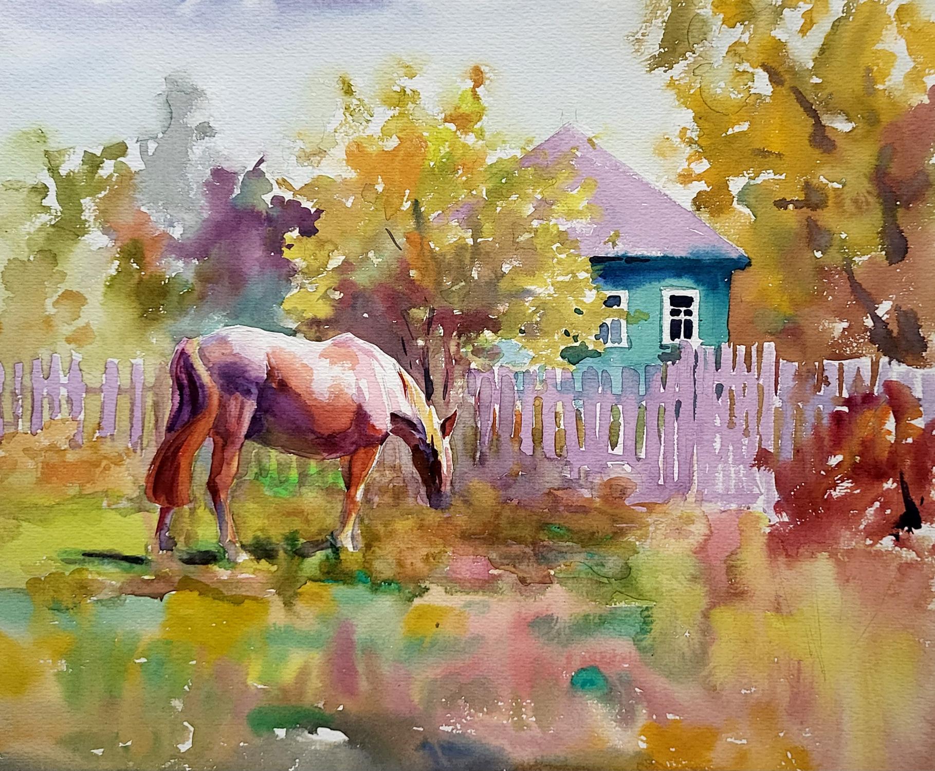 Watercolor painting Rural landscape with a mare Serdyuk Boris Petrovich