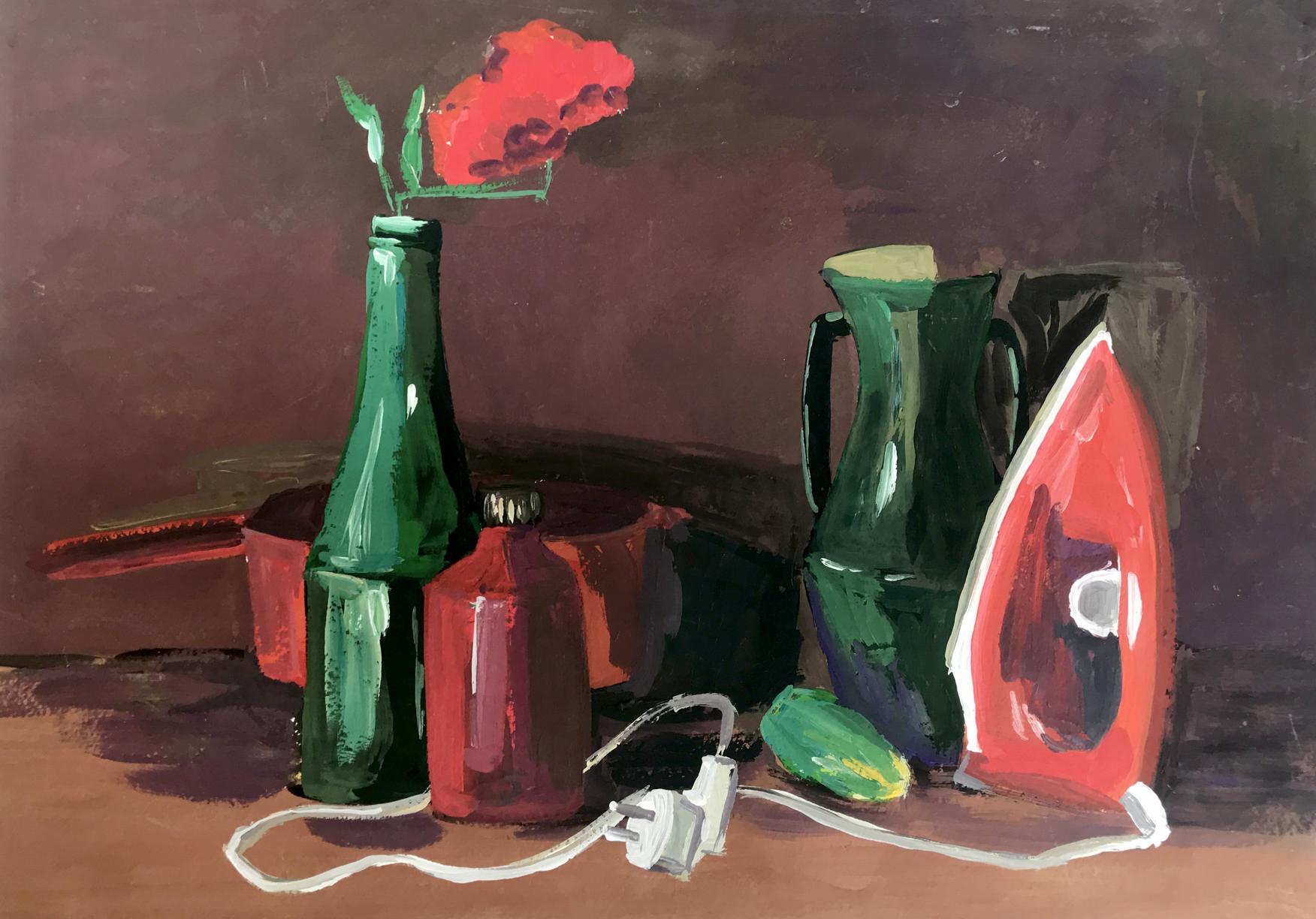 Gouache painting Iron and bottles Unknown artist