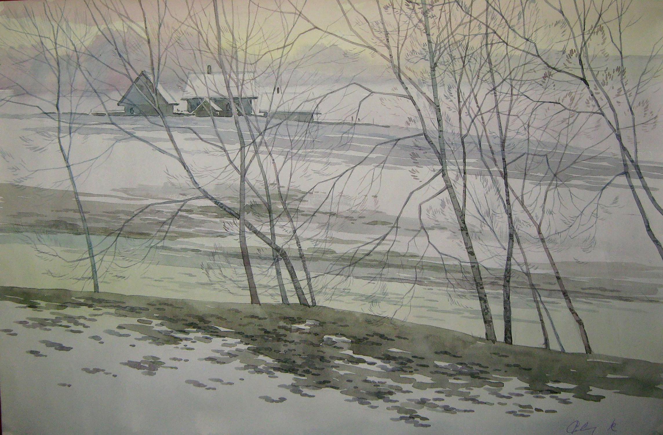Watercolor painting Bare branches of winter Valery Savenets