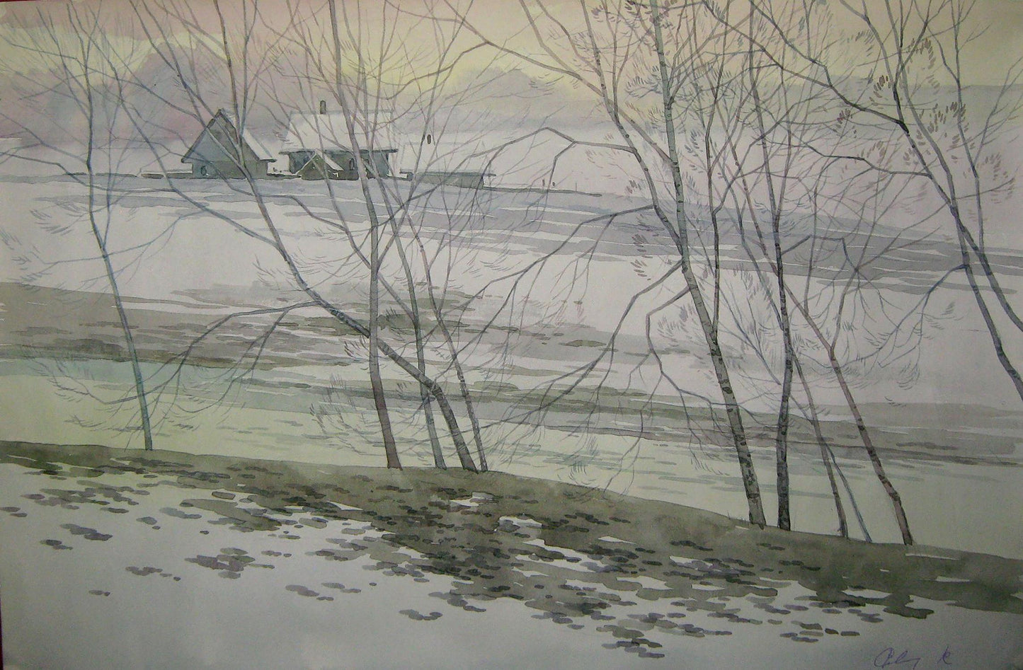 Watercolor painting Bare branches of winter Valery Savenets