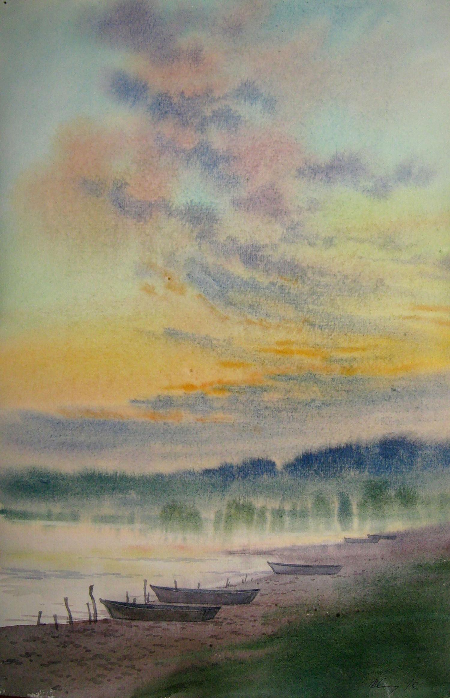 Watercolor painting Evening. Boats Savenets Valery