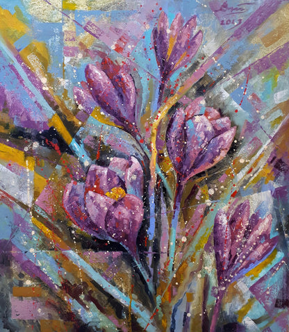 Oil painting Crocuses in March Sergey Voichenko