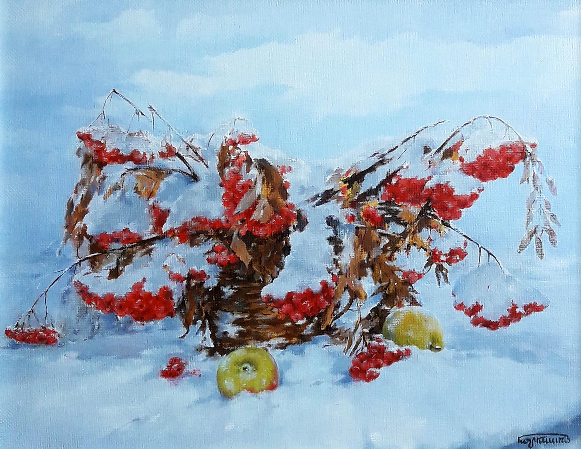 Vasily Korkishko's oil painting depicts apples amidst the snow