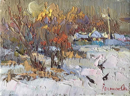 Oil painting Covered in snow outside the village Оksаnа Ivanyuk