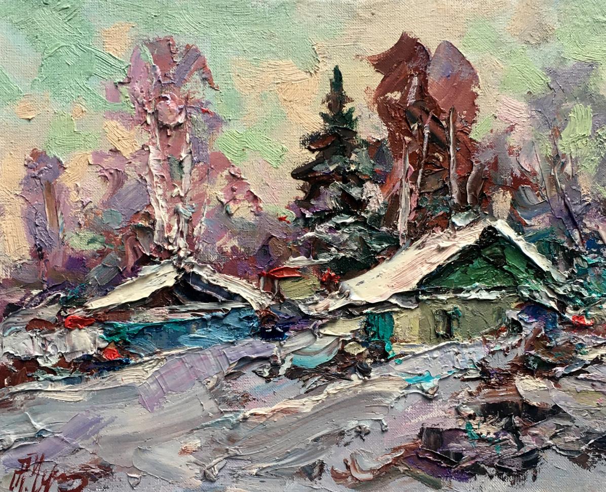 Oil painting Winter sunset over the village Alexander Cherednichenko