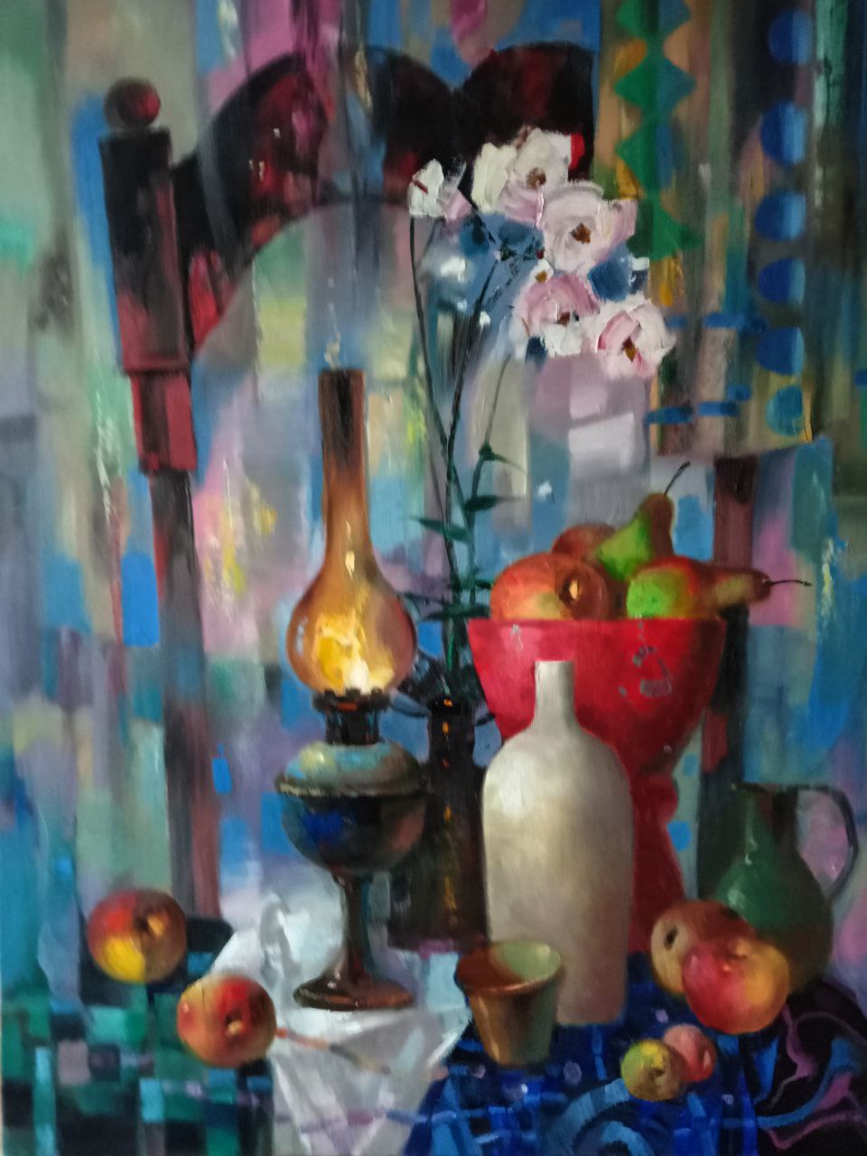 Oil painting Lamps and fruits on the table Anatoly Tarabanov