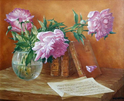 Oil painting Still life with pink peonies Vasily Korkishko