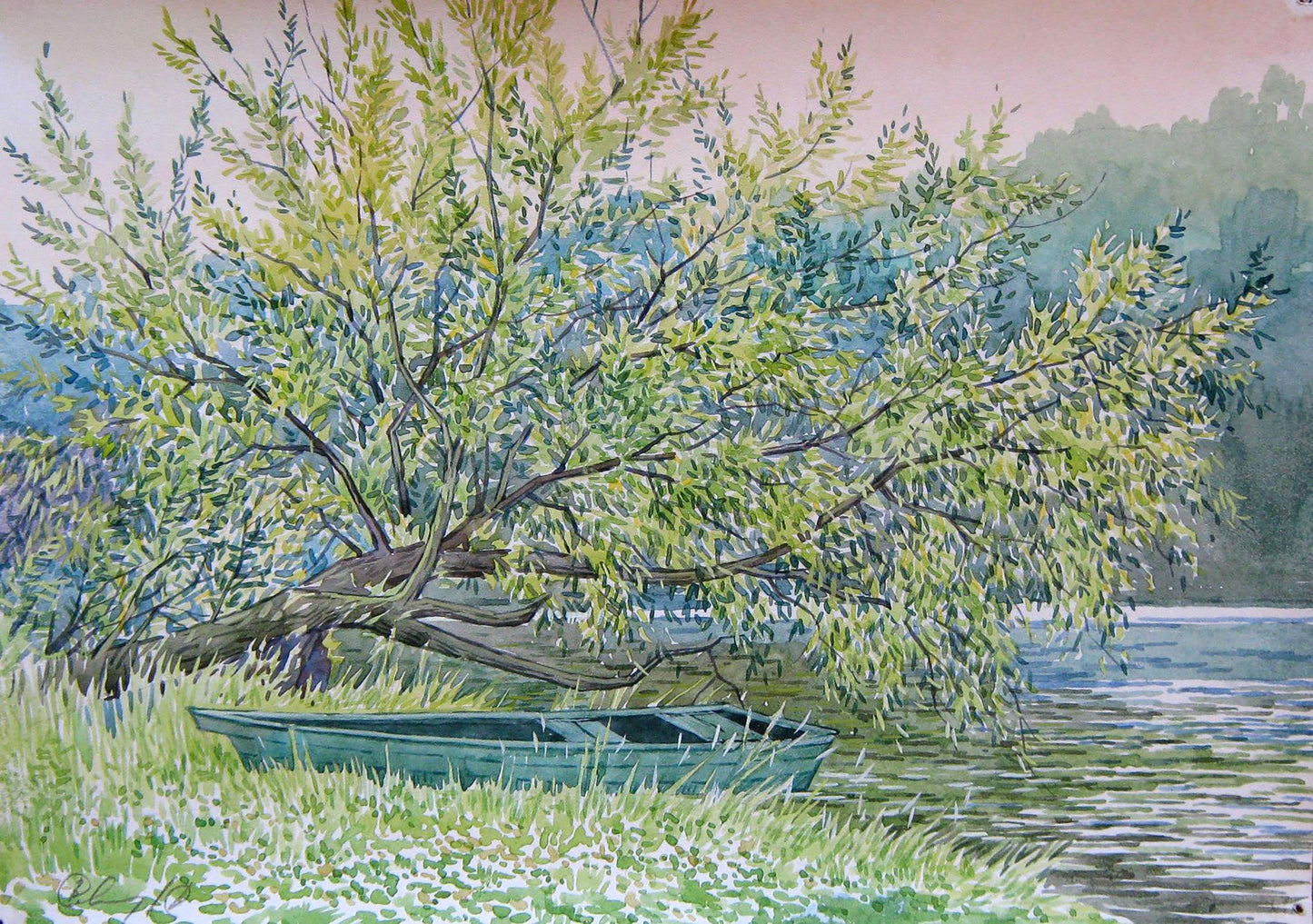 Watercolor painting Green boat Savenets Valery