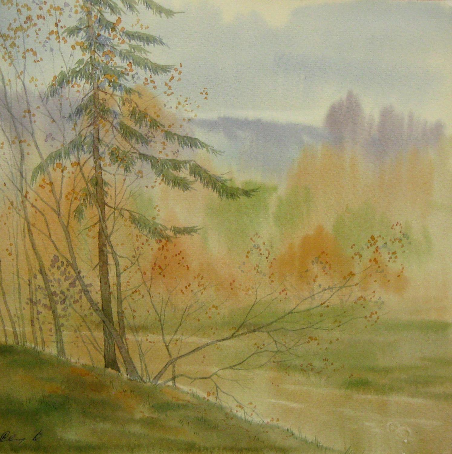 Watercolor painting Forest in October time Valery Savenets