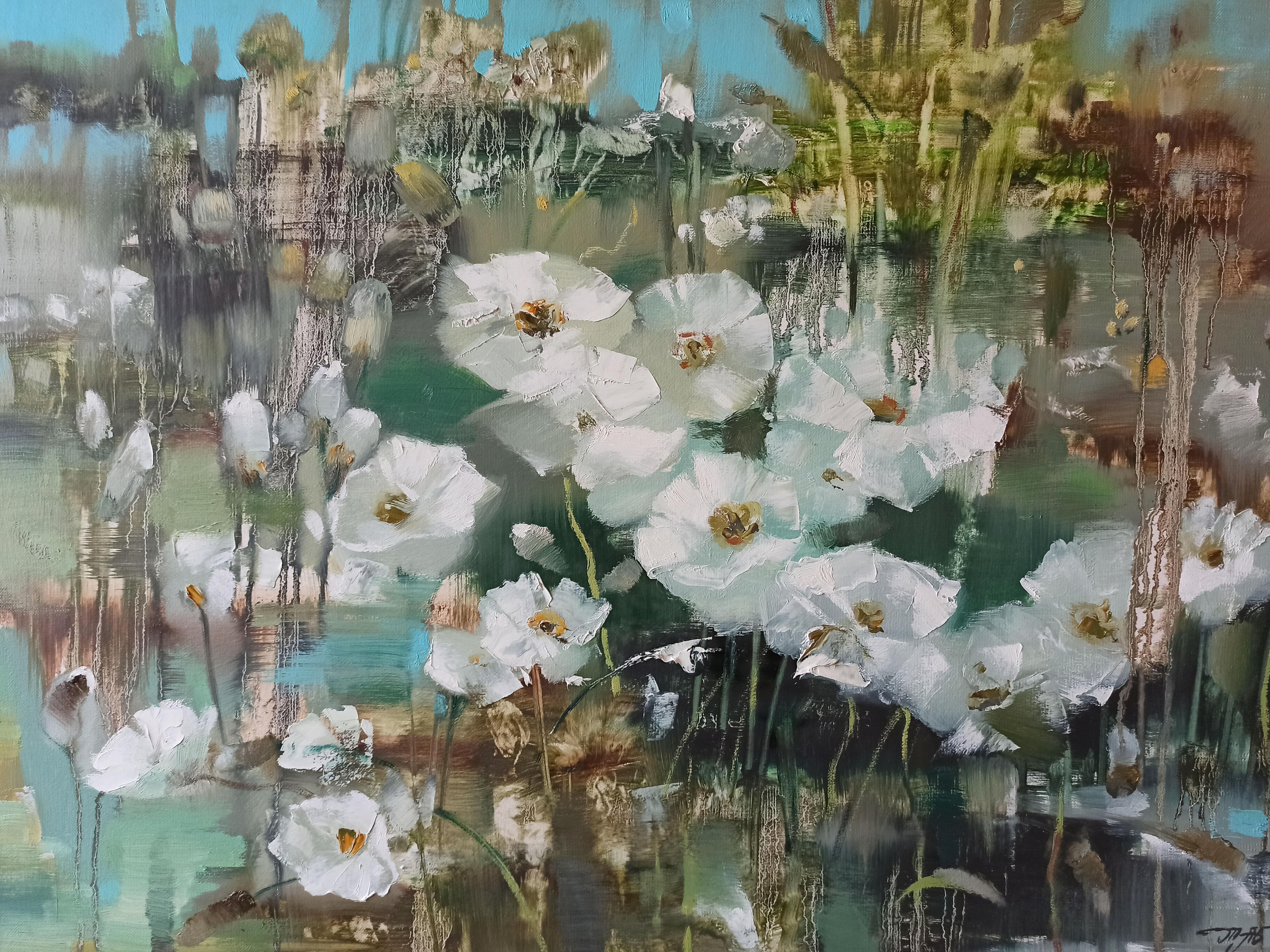 Abstract oil painting White poppies Anatoly Borisovich Tarabanov