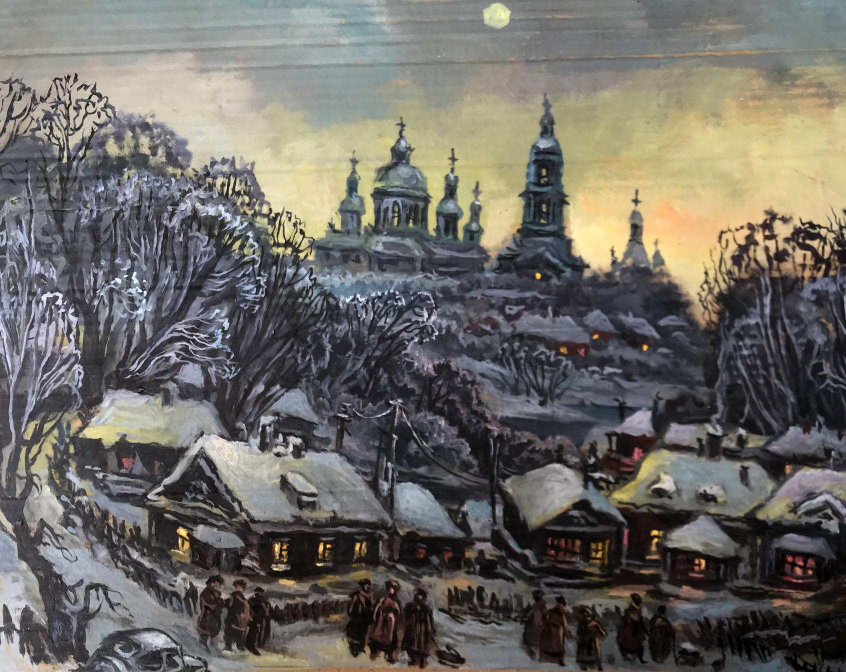 Oil painting People walk through the evening city Alexander Litvinov