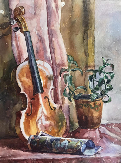 Watercolor painting Musical violin Unknown artist