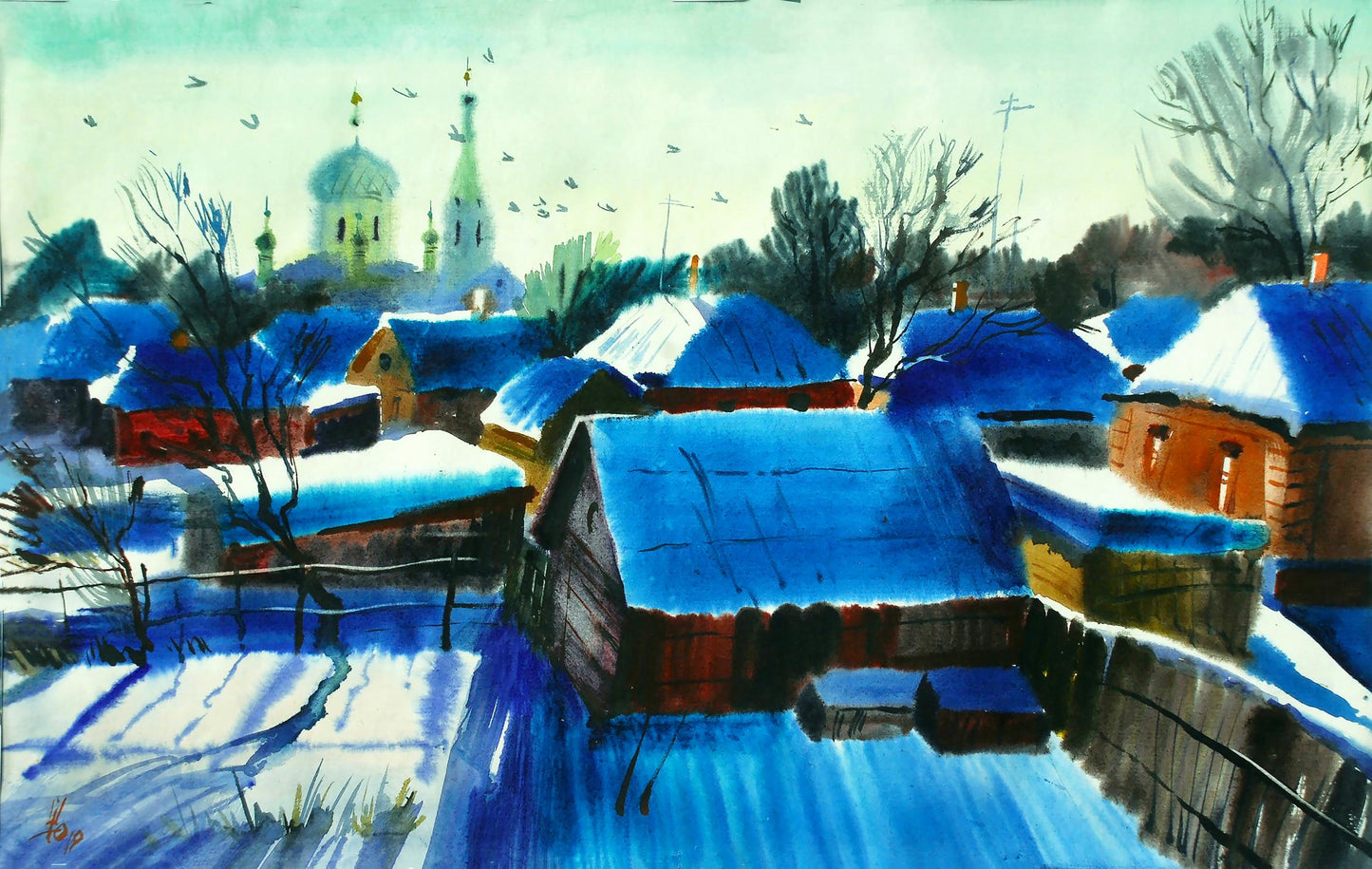 Watercolor painting Winter in Lebedyn Egor Shvachunov