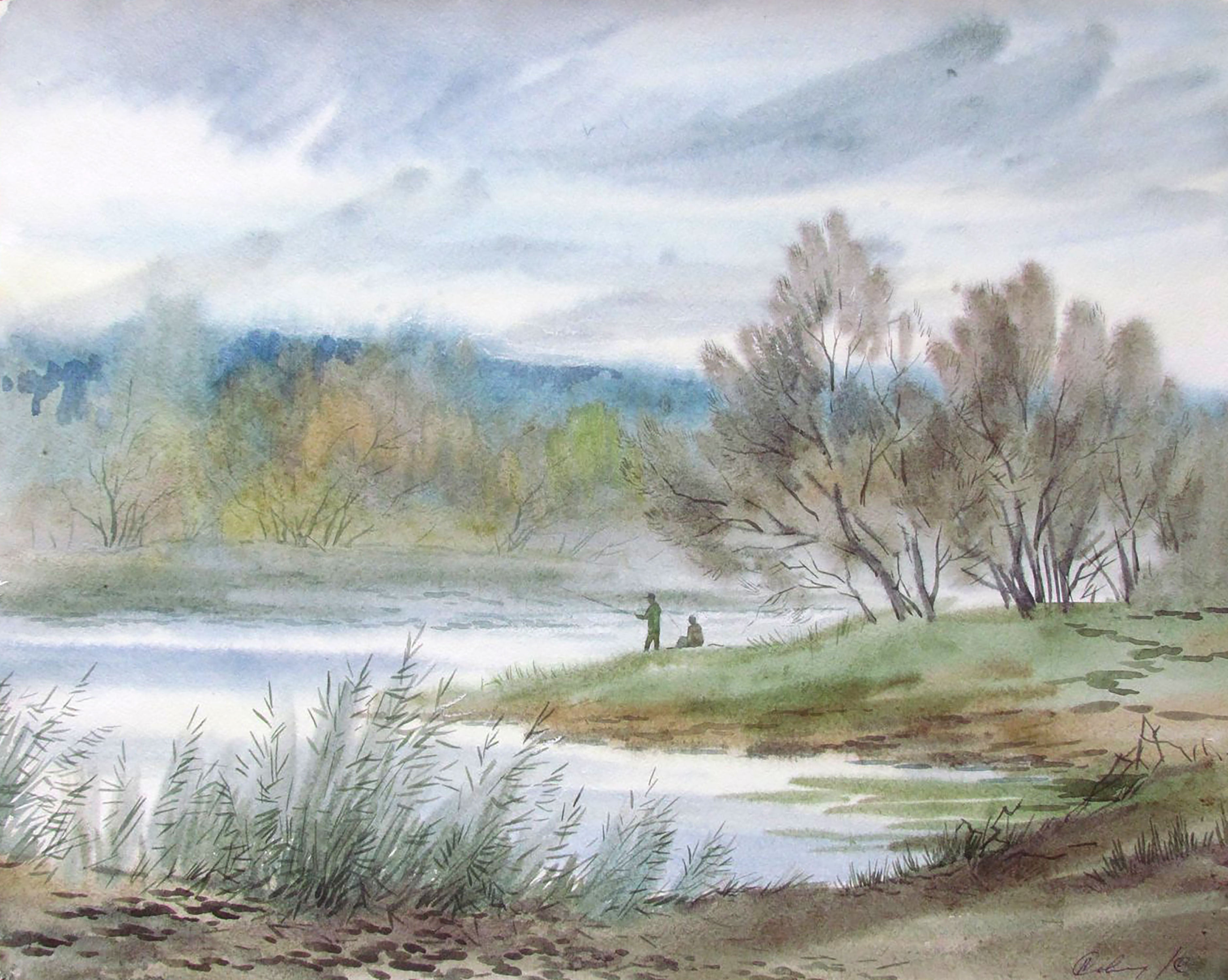 Watercolor painting Fishing on a warm autumn day Valery Savenets