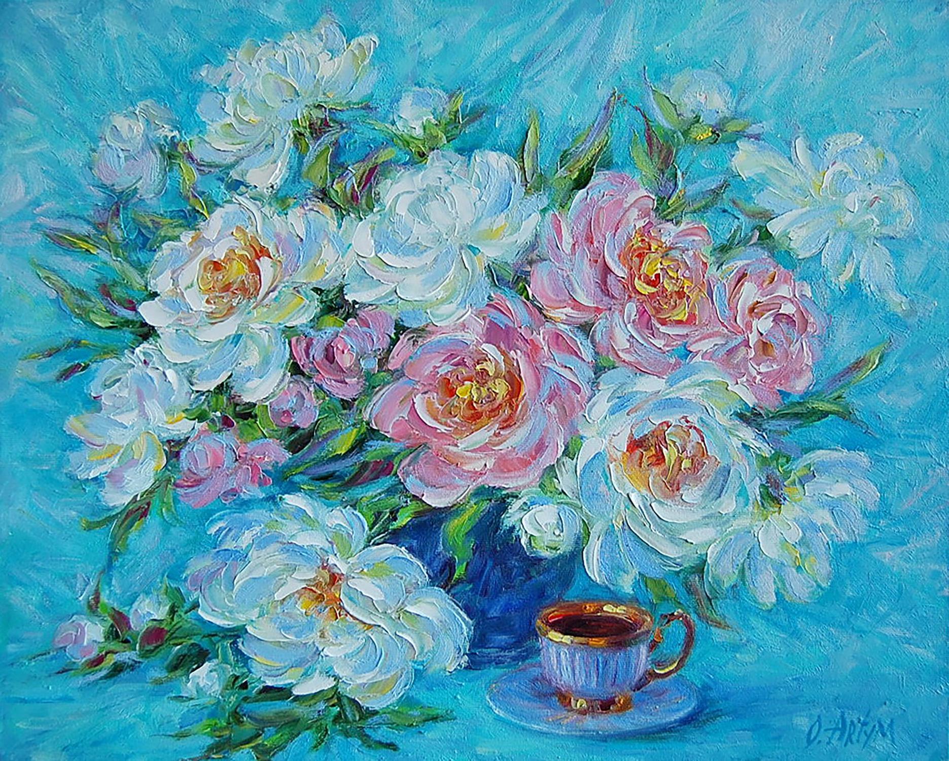 Oil painting Peonies on blue Artim Olga