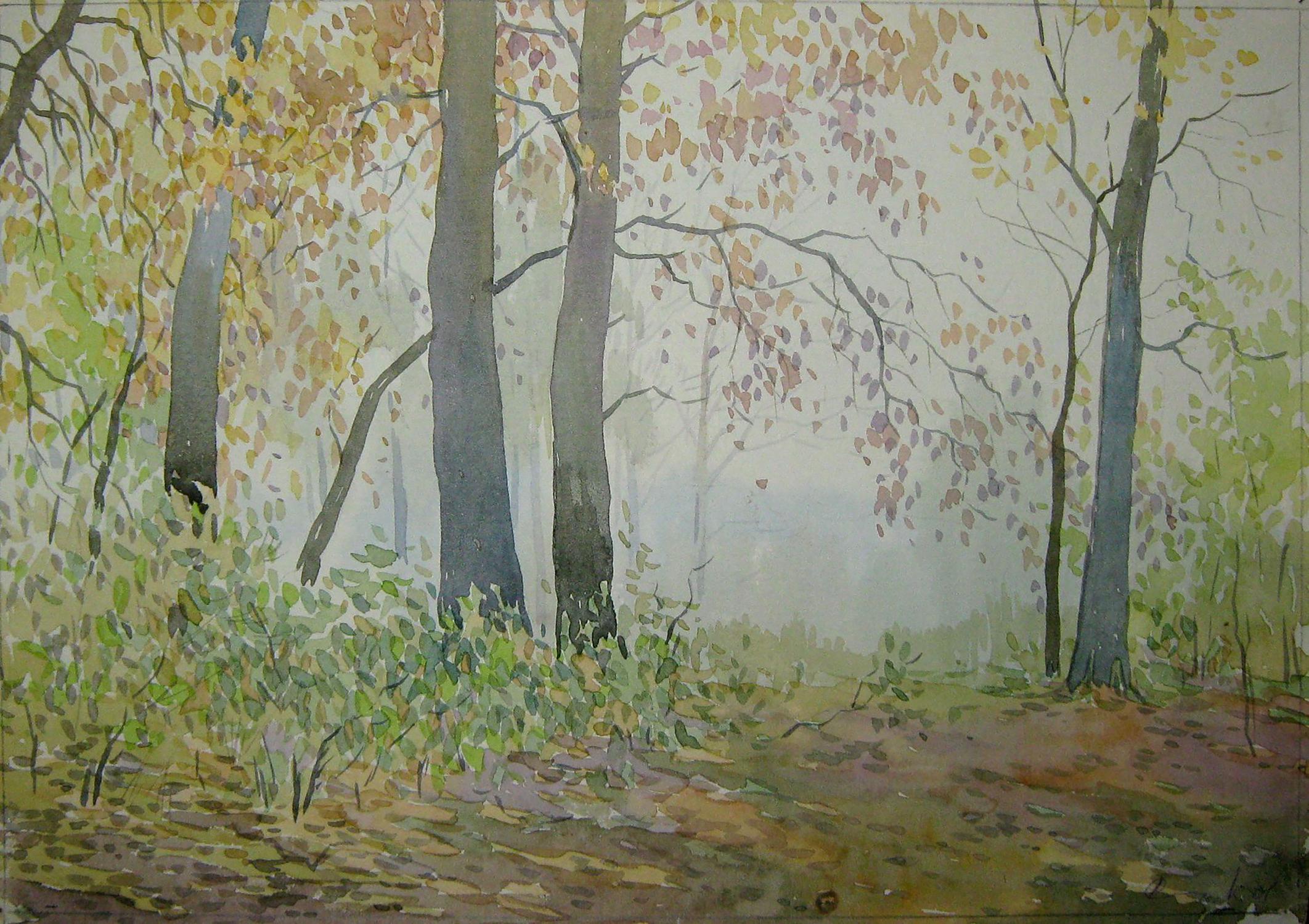 Watercolor painting Foggy forest Savenets Valery