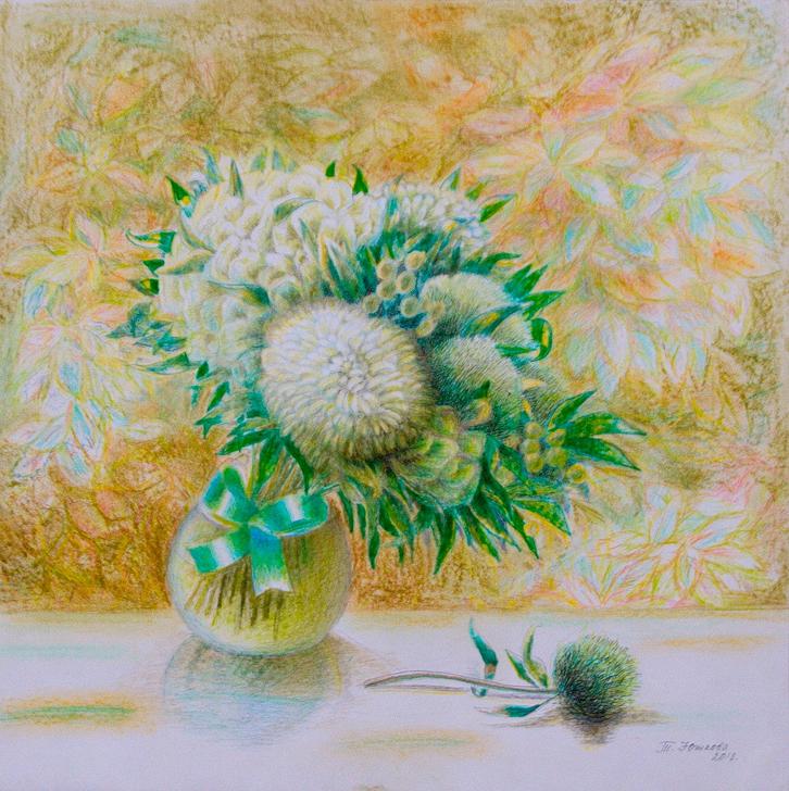 Color pencil painting Green bouquet Yushkov Svatoslav