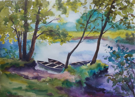 Watercolor painting Landscape with boats Serdyuk Boris Petrovich