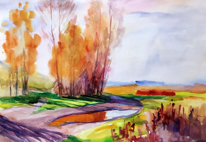 Watercolor painting Autumn motif with road Serdyuk Boris Petrovich