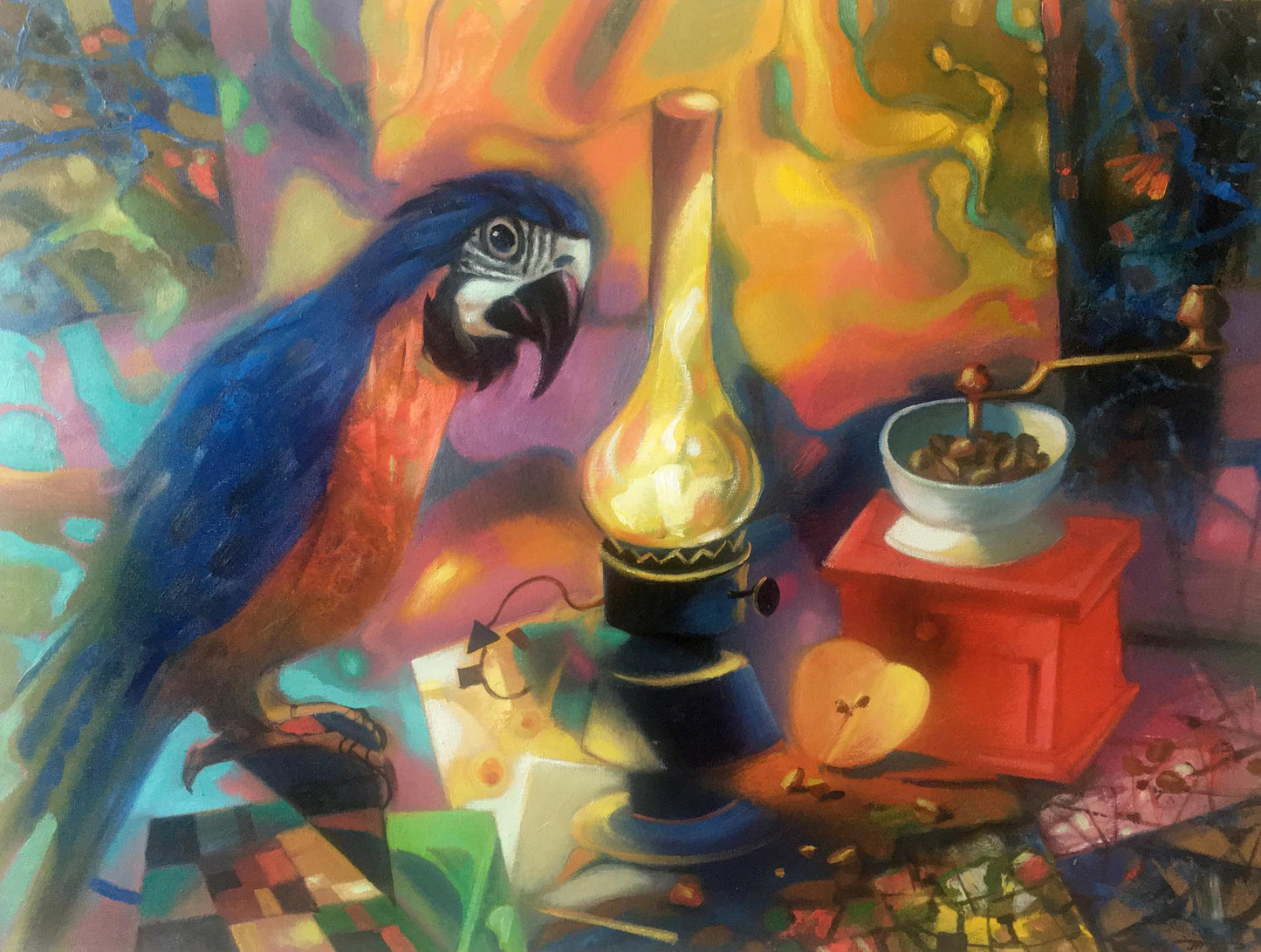 Abstract oil painting Still life with a parrot Anatoly Borisovich Tarabanov
