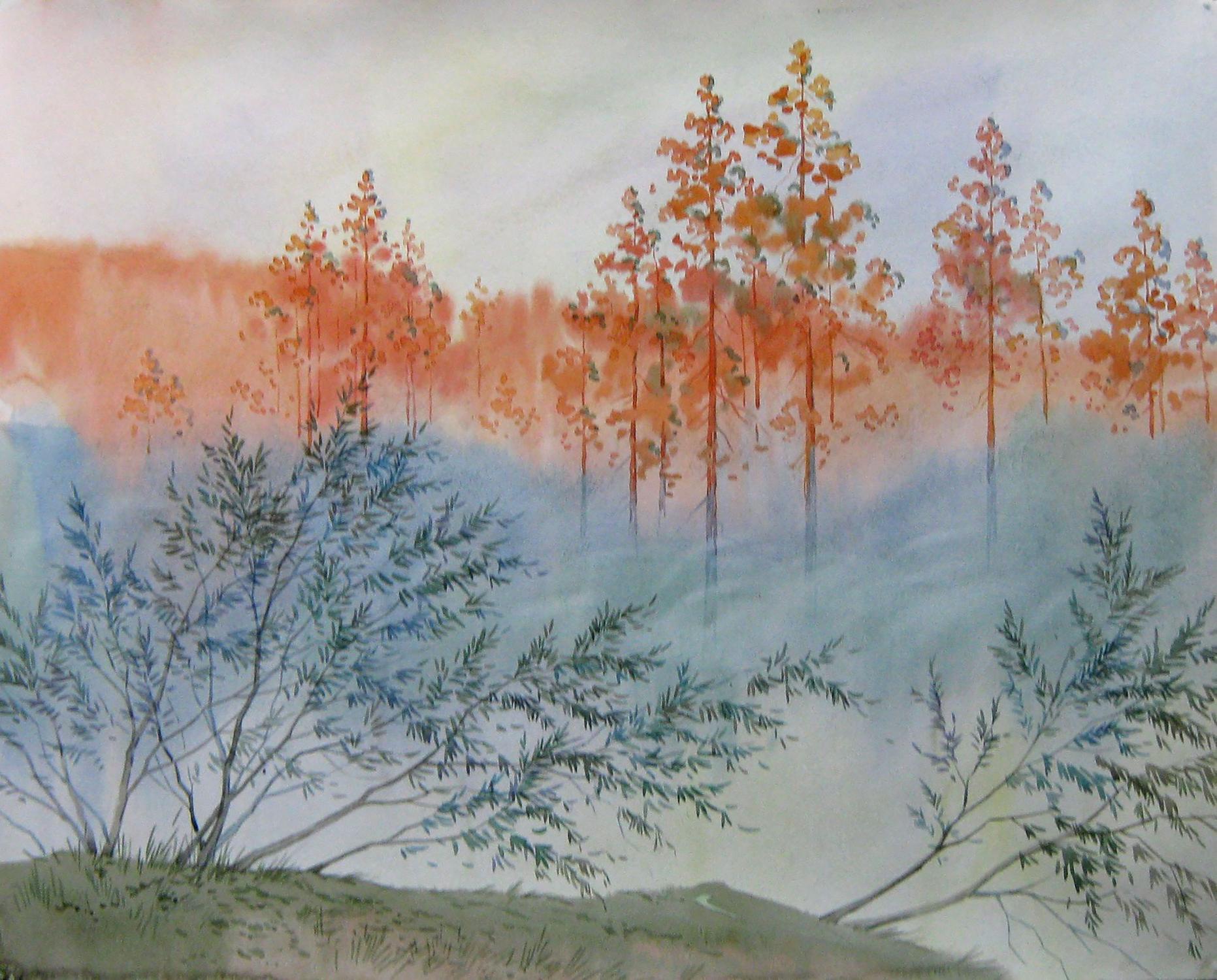 Watercolor painting Morning with fog Savenets Valery