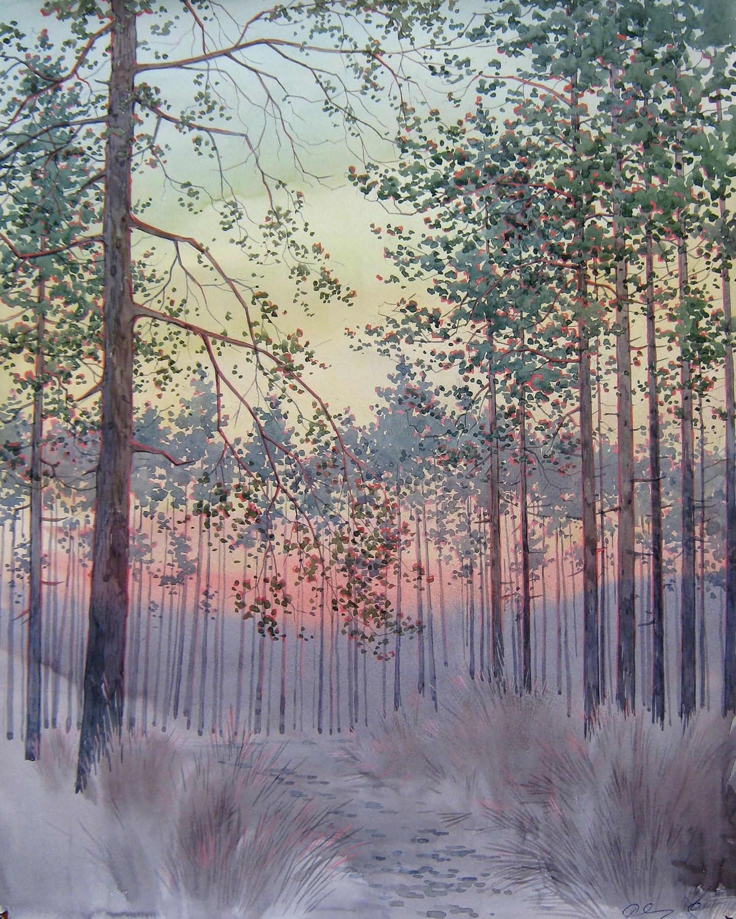 Watercolor painting February sunset in the forest Valery Savenets