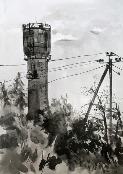 Watercolor painting View of the water tower Smalchuk