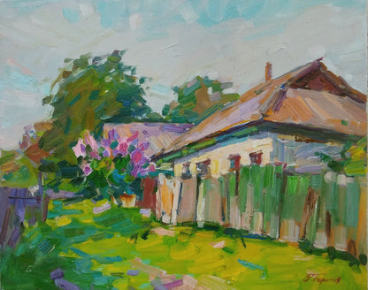Oli painting Blooming May in the village Vyacheslav Pereta