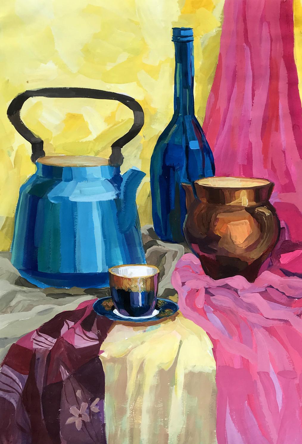 Gouache painting Kettle on the table Unknown artist