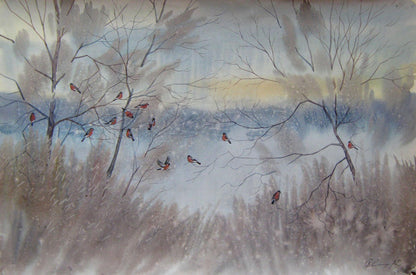 Watercolor painting Bullfinches Savenets Valery