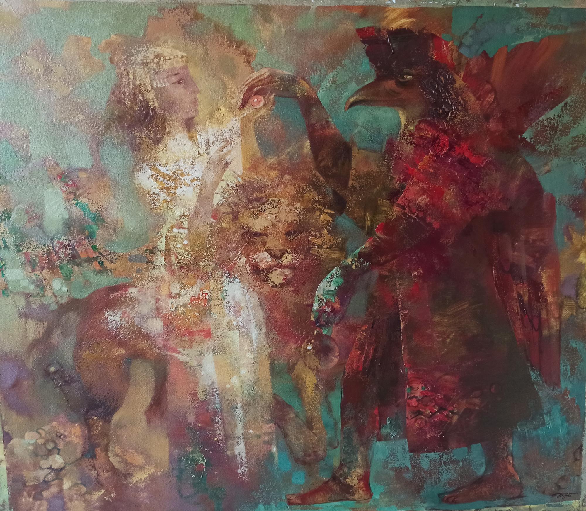 Abstract oil painting Woman and the winged deity Anatoly Borisovich Tarabanov