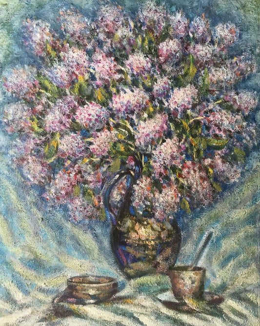 Oil painting Lilac and cup of tea Ivan Shapoval