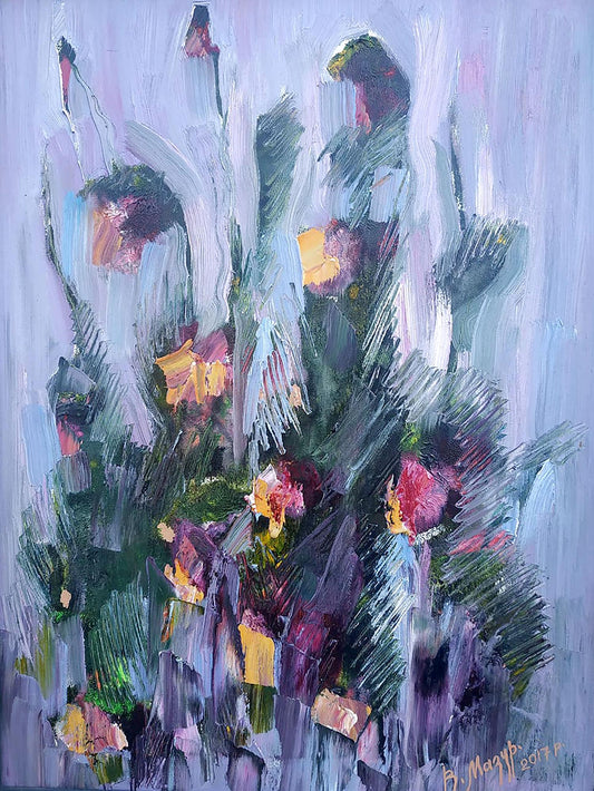 Abstract oil painting Flowers on purple background Mazur Vladimir